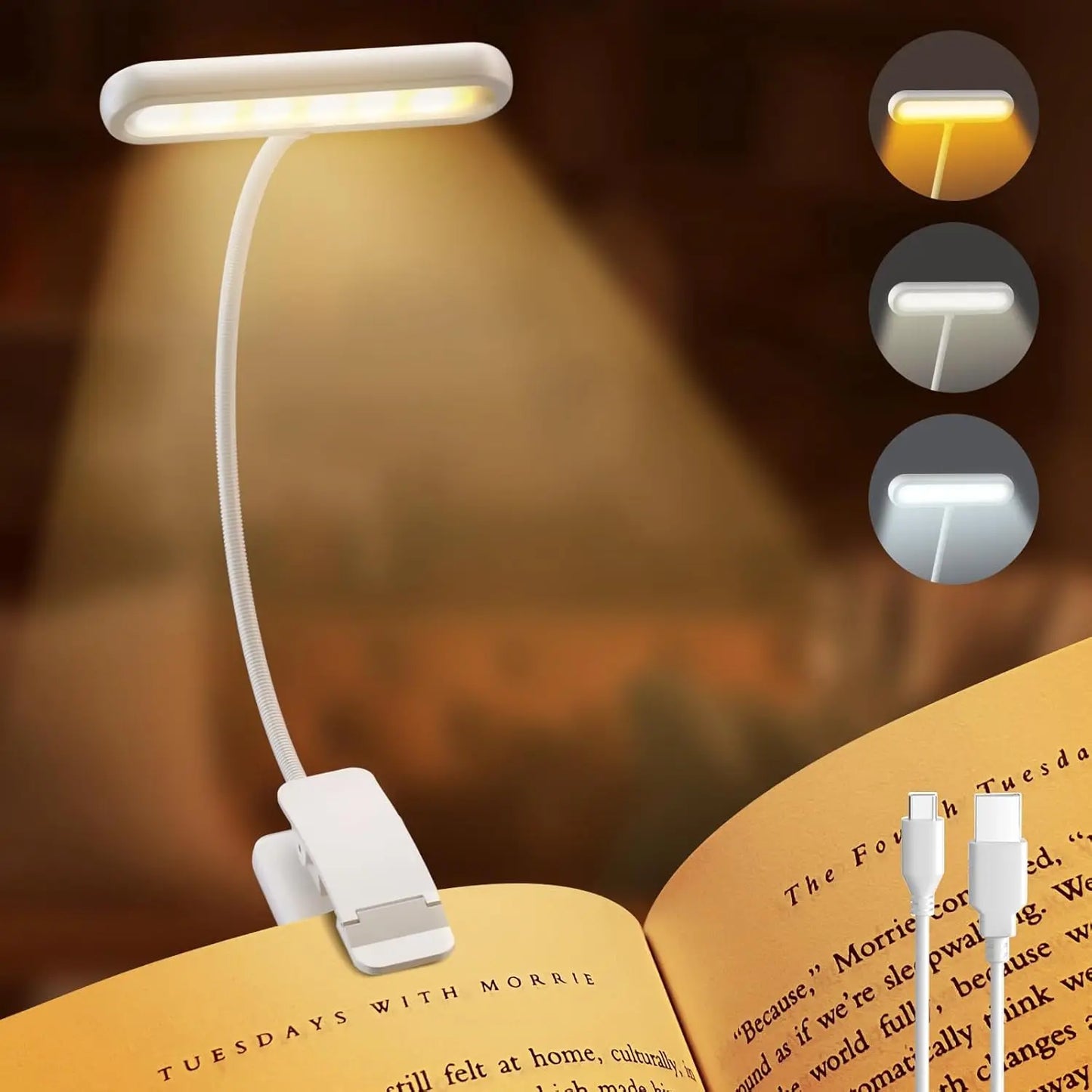 White Book Light USB Rechargeable Reading Light Warm Cool White Daylight Portable Flexible Easy Clip Night Reading Lamp